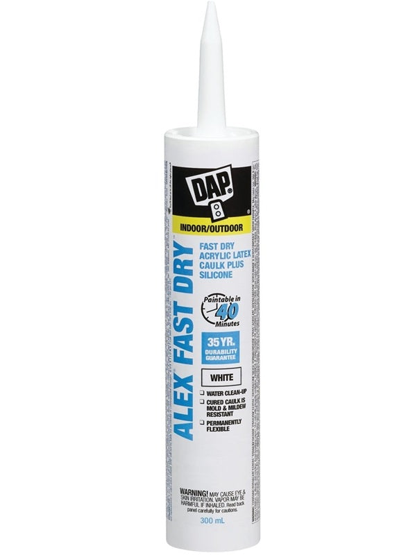 DAP ALEX FAST DRY 78425 Acrylic Latex Caulk Plus Silicone, White, 40 to 100 deg F, 300 mL Cartridge