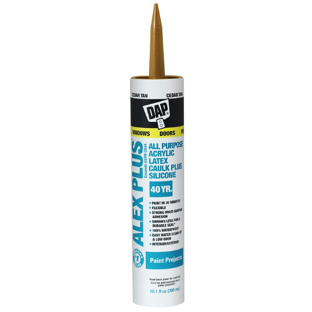 DAP ALEX PLUS 74235 Acrylic Latex Caulk Plus Silicone, Clear, 7 to 14 days Curing, 40 to 100 deg F, 300 mL Cartridge
