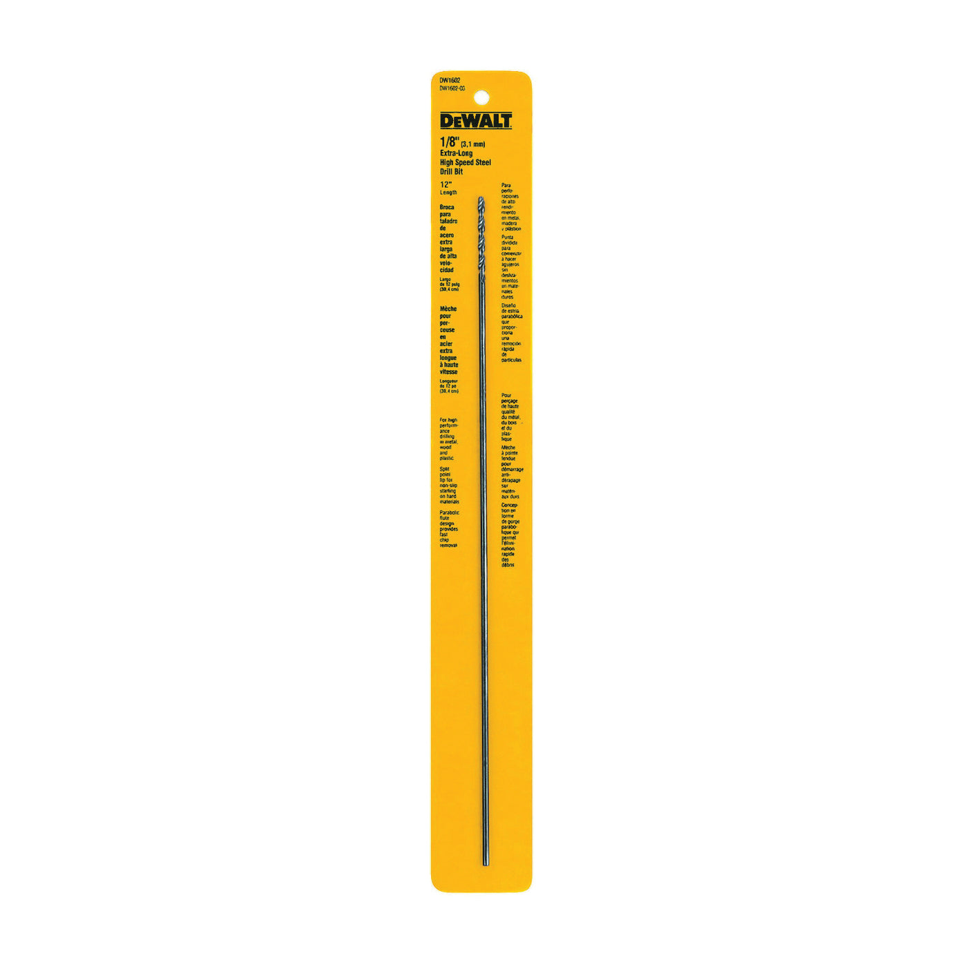 DeWALT DW1602 Drill Bit, 1/8 in Dia, 12 in OAL, Extended Length, Spiral Flute, 1/8 in Dia Shank, Round Shank