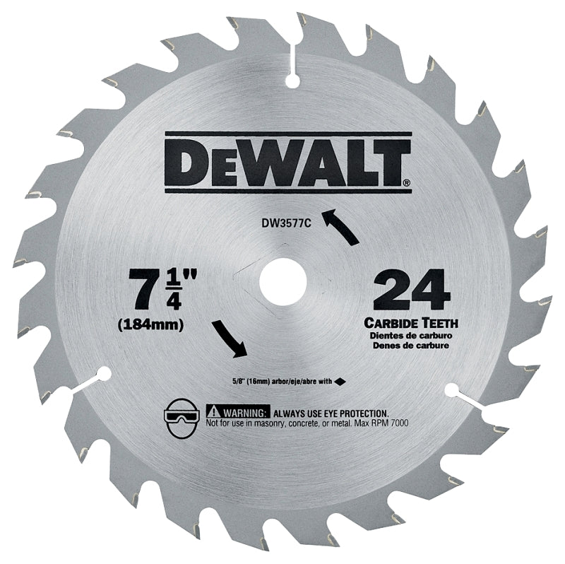 DeWALT DW3577C Circular Saw Blade, 7-1/4 in Dia, 5/8 in Arbor, 24-Teeth, Carbide Cutting Edge