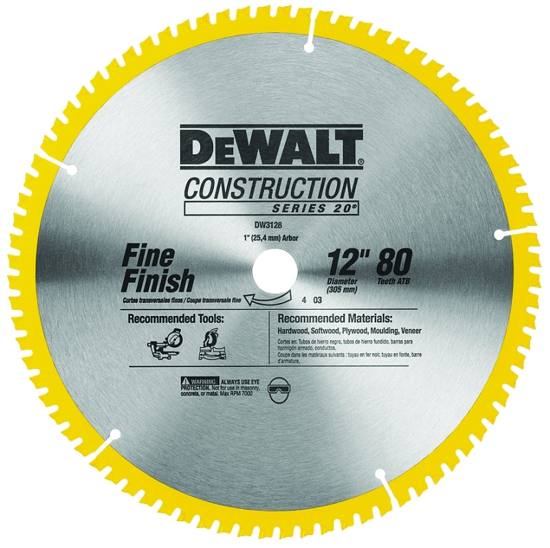 DeWALT DW3128 Saw Blade, 12 in Dia, 1 in Arbor, 80-Teeth, Carbide Cutting Edge