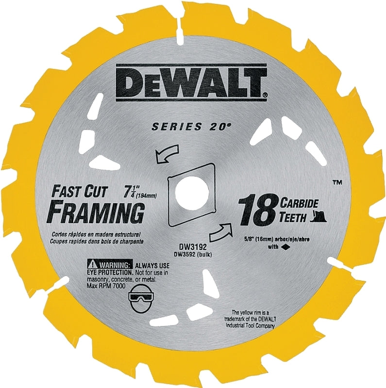 DeWALT DW3192 Saw Blade, 7-1/4 in Dia, 5/8 in Arbor, 18-Teeth, Carbide Cutting Edge