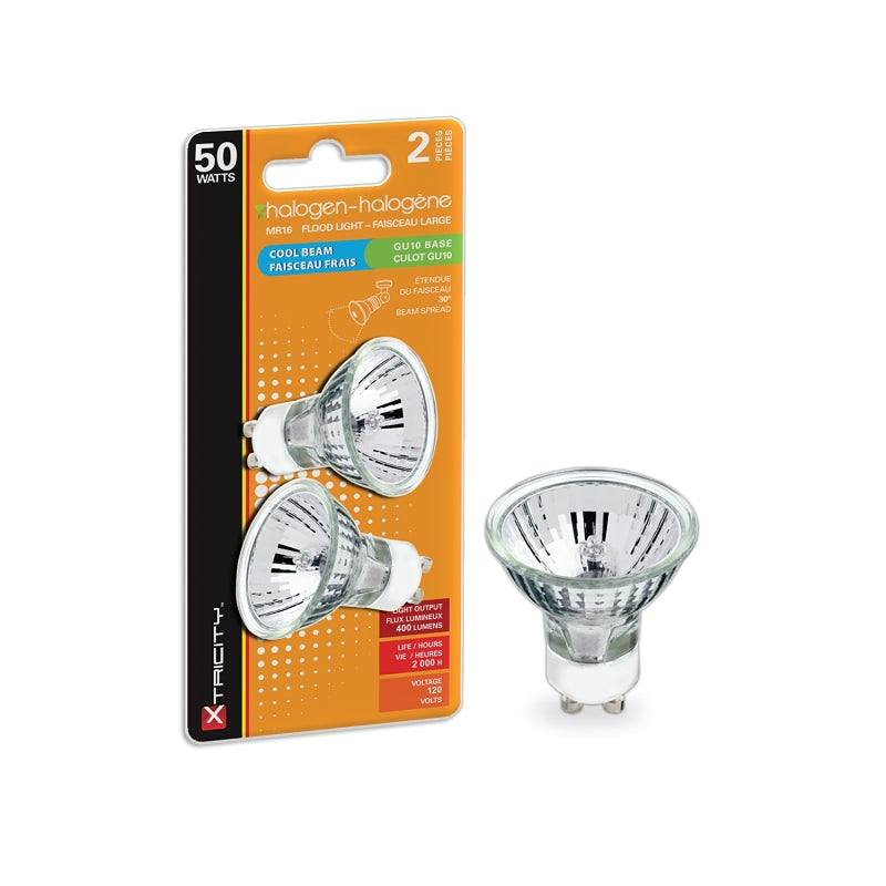 Xtricity 1-62007 Halogen Bulb, 50 W, GU10 Lamp Base, MR16 Lamp, Soft White Light, 400 Lumens, 2700 K Color Temp