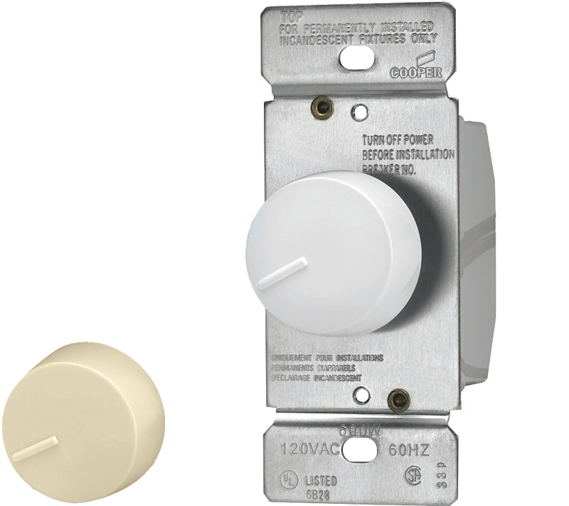 Eaton Wiring Devices RI306P-VW-K2-L Rotary Dimmer, 120 V, Incandescent Lamp, 3-Way, Ivory/White