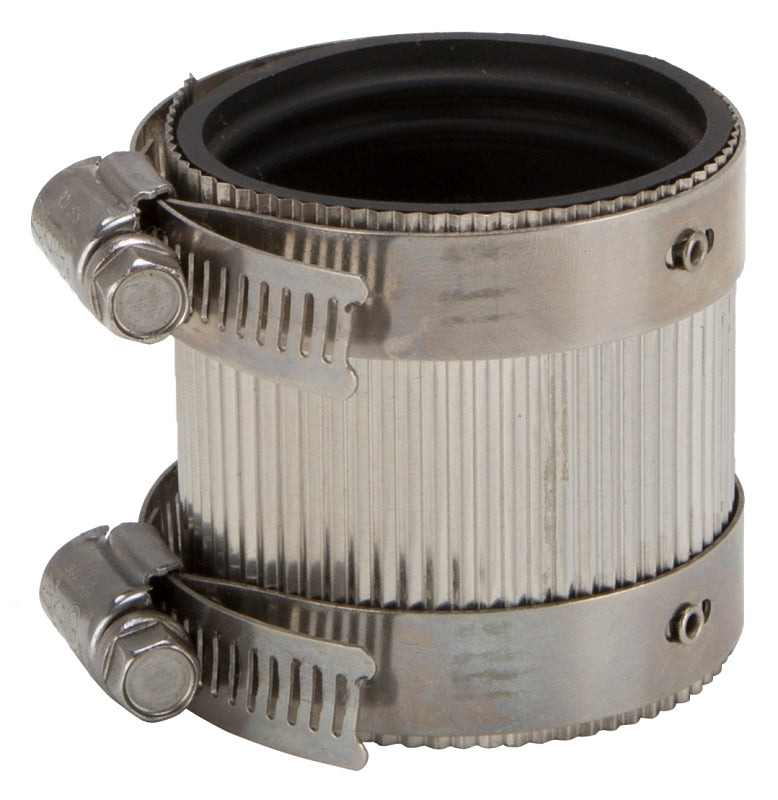 ProSource Coupling, 1-1/2 in, Rubber/Stainless Steel, Black/Stainless Steel Shield