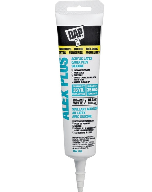 DAP ALEX PLUS 74225 Acrylic Latex Caulk Plus Silicone, White, 40 to 100 deg F, 162 mL Squeeze Tube