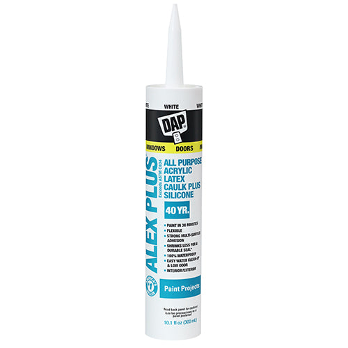 DAP ALEX PLUS 74270 Acrylic Latex Caulk Plus Silicone, White, 40 to 100 deg F, 300 mL Cartridge