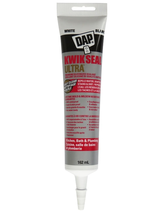 DAP KWIK SEAL ULTRA 74823 Premium Kitchen and Bath Sealant, White, 4 hr Curing, 40 to 100 deg F, 162 mL Tube