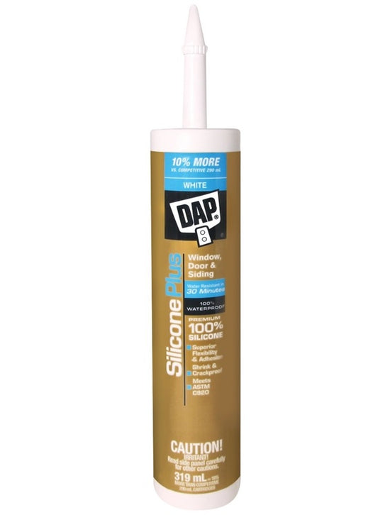 DAP Silicone Plus 73350 Window and Door Sealant, White, 40 to 120 deg F, 319 mL Cartridge