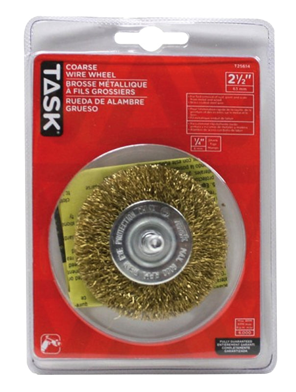 Task T25614 Wire Wheel, 2-1/2 in Dia, 1/4 in Arbor/Shank, Crimped Bristle, Steel Bristle