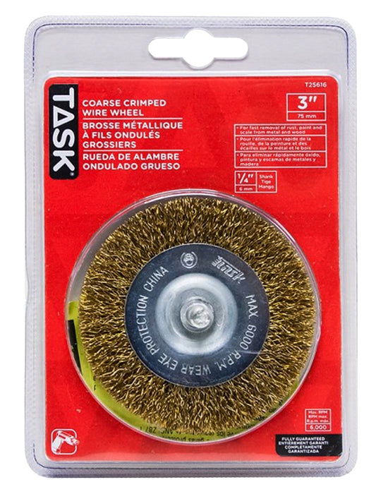 Task T25616 Wire Wheel, 1/4 in Arbor/Shank, Crimped Bristle, 3 in Dia Bristle