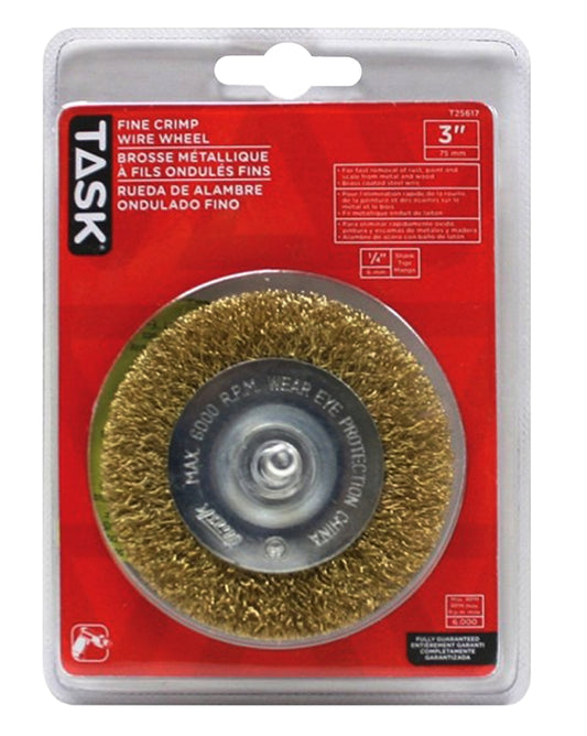 Task T25617 Wire Wheel Brush, 3 in Dia, 1/4 in Arbor/Shank, Crimped Bristle, Steel Bristle