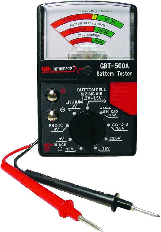 GB GBT-500A Battery Tester, 1.5 to 22.5 V, Analog Display, Black