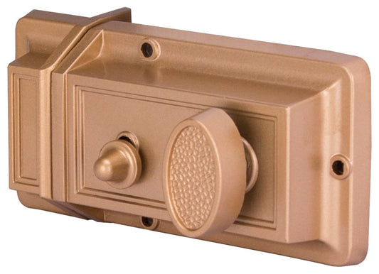 ProSource 6296453-PS Rim Night Latch, Keyed Different Key, Brass, Brass, Kwikset Keyway, 1-2-3/8 in Thick Door