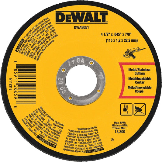 DeWALT DWA8051 Cutting Wheel, 4-1/2 in Dia, 29/64 in Thick, 7/8 in Arbor, Medium, Aluminum Oxide Abrasive