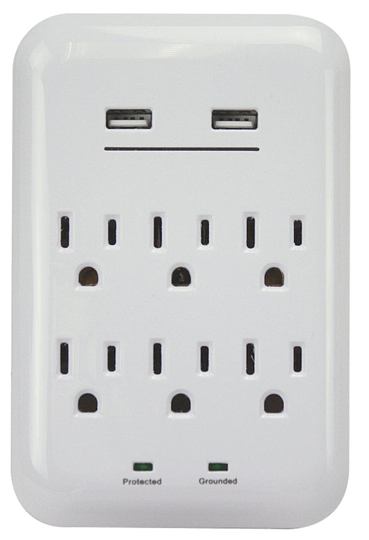 PowerZone ORUSB346S USB Charger with Surge Protection, 2-Pole, 125 V, 15 A, 6-Outlet, 1200 Joules Energy, White