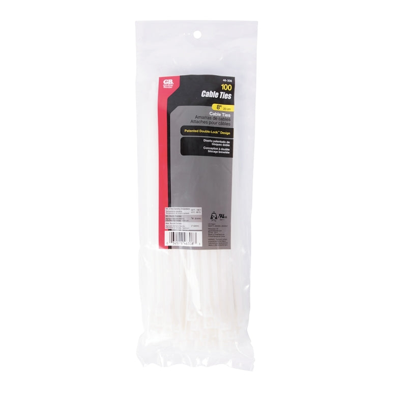 GB 46-308 Cable Tie, Double-Lock Locking, 6/6 Nylon, Natural