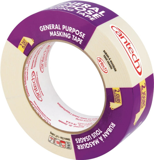 Cantech 307 Series 307-36 Masking Tape, 55 m L, 36 mm W, Crepe Paper Backing, Natural