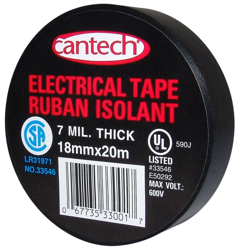 Cantech 330-01 Electrical Tape, 20 m L, 18 mm W, PVC Backing, Black