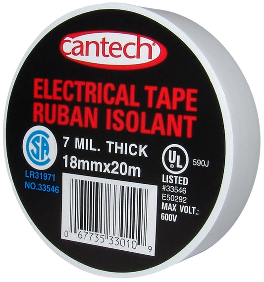 Cantech 330-10 Electrical Tape, 20 m L, 18 mm W, PVC Backing, White