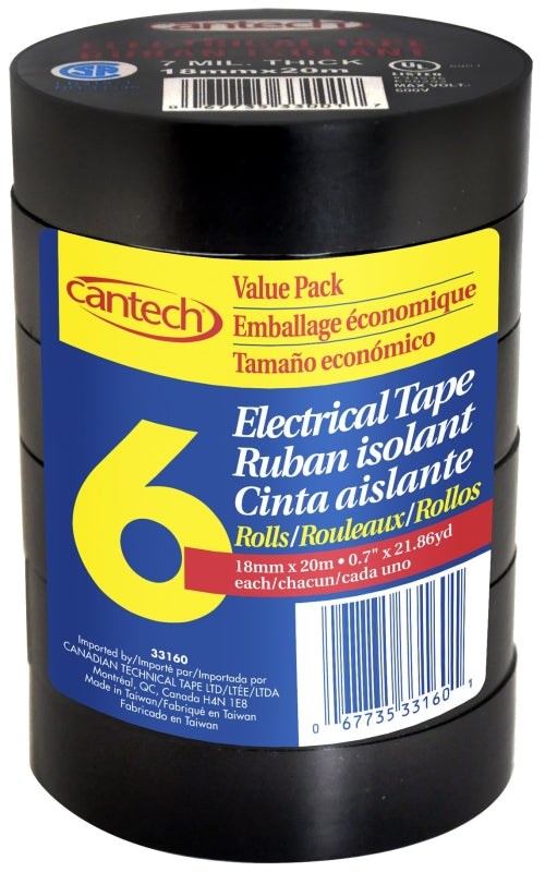 Cantech 331-60 Electrical Tape, 20 m L, 18 mm W, Vinyl Backing, Black