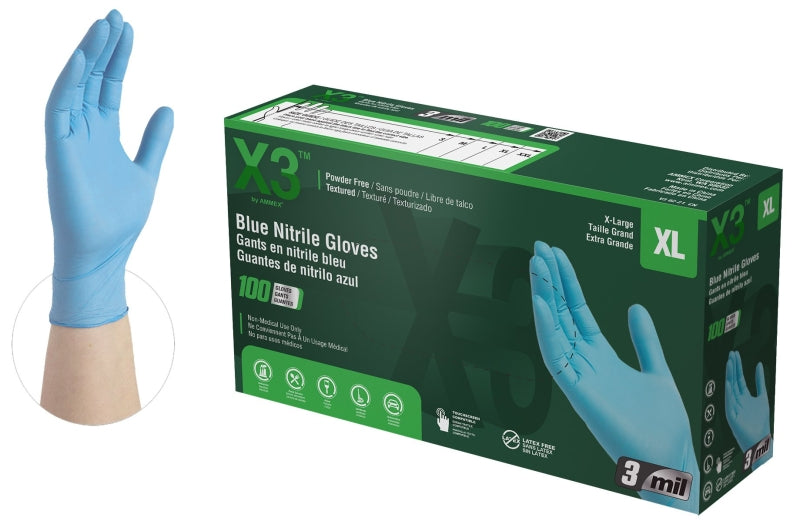 Ammex X3 Series X348100 Non-Sterile Disposable Gloves, XL, Nitrile, Powder-Free, Blue