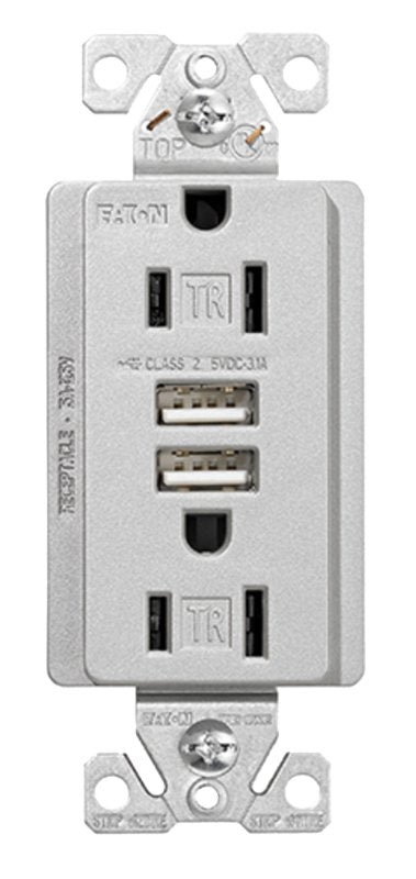 Arrow Hart TR7755SG-K-L Combination USB Receptacle, 2 -Pole, 3.1 A USB, 15 A Receptacle, 2 -USB Port, Silver Granite