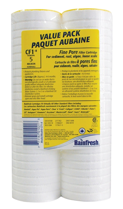 Rainfresh CF Series CF1-8 Water Filter Cartridge, 5 um Filter, Polyethylene, Polystyrene Filter Media