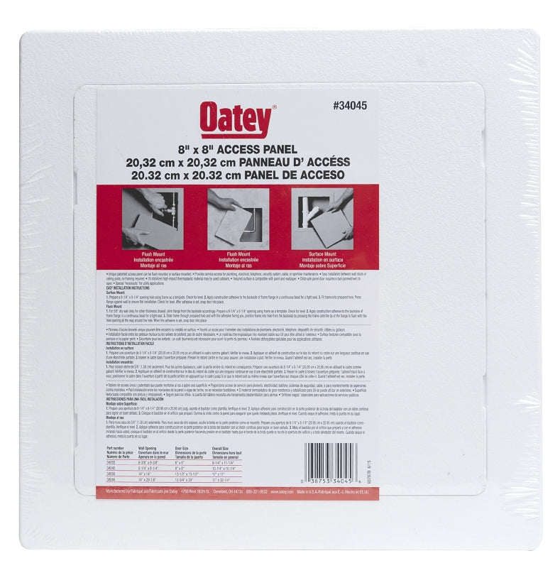 Oatey 34045 Access Panel, 8 in L, 8 in W, ABS, White