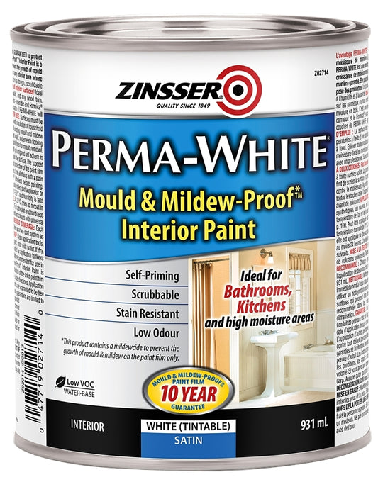 Zinsser PERMA-WHITE Z02714 Kitchen and Bath Paint, Satin, White, 931 mL, Can, Water