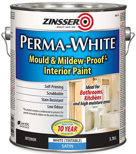 Zinsser PERMA-WHITE Z02712 Kitchen and Bath Paint, Satin, White, 3.7 L, Water