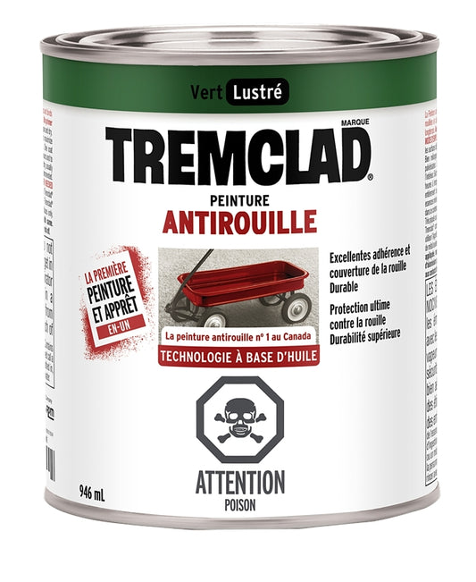 Tremclad 254909 Rust Preventative Paint, Oil, Gloss, Green, 946 mL, Can, 66 to 110 sq-ft Coverage Area