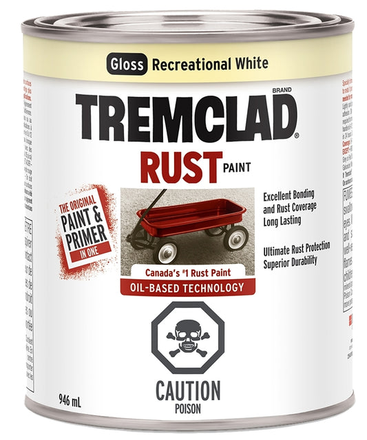 Tremclad 254910 Rust Preventative Paint, Oil, Gloss, Recreational White, 946 mL, Can, 66 to 110 sq-ft Coverage Area