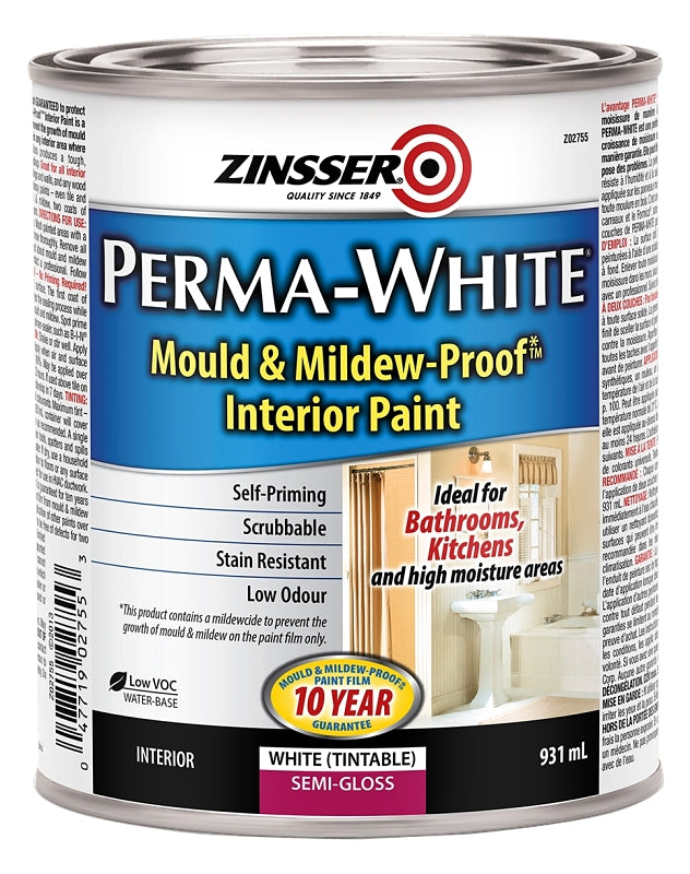 Zinsser PERMA-WHITE Z02755 Kitchen and Bath Paint, Semi-Gloss, White, 931 mL, Can, Water