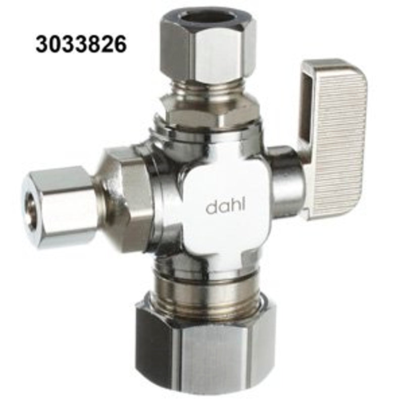 Dahl mini-ball 511-33-31-30 Straight Dual Outlet Valve, 5/8 x 3/8 x 1/4 in Connection, Compression, Brass Body