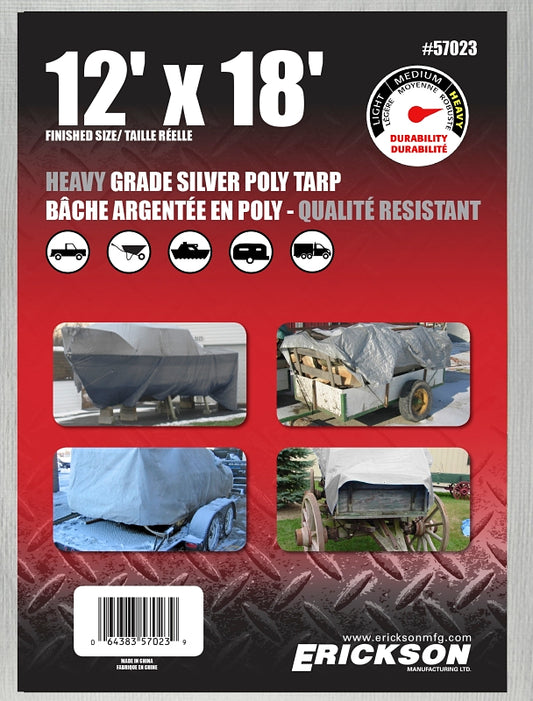 Erickson 57023 Heavy-Grade Tarp, 18 ft L, 12 ft W, Poly, Silver