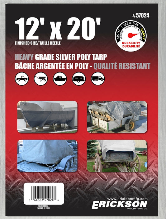 Erickson 57024 Heavy-Grade Tarp, 20 ft L, 12 ft W, Poly, Silver