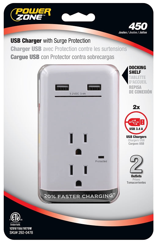 PowerZone ORUSB342S USB Charger, 2-Pole, 125 V, 15 A, 2-Outlet, 450 Joules Energy