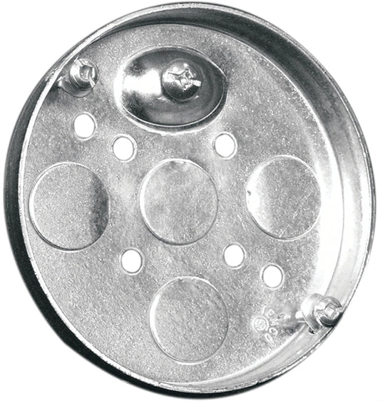 Hubbell 56111BAR Round Pan Box, 1/2 in OAD, 4-Knockout, Metal Housing Material