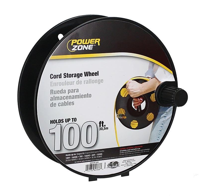 PowerZone ORCR2002 Cord Storage Reel, 100 ft L Cord, 16 AWG Wire, Black