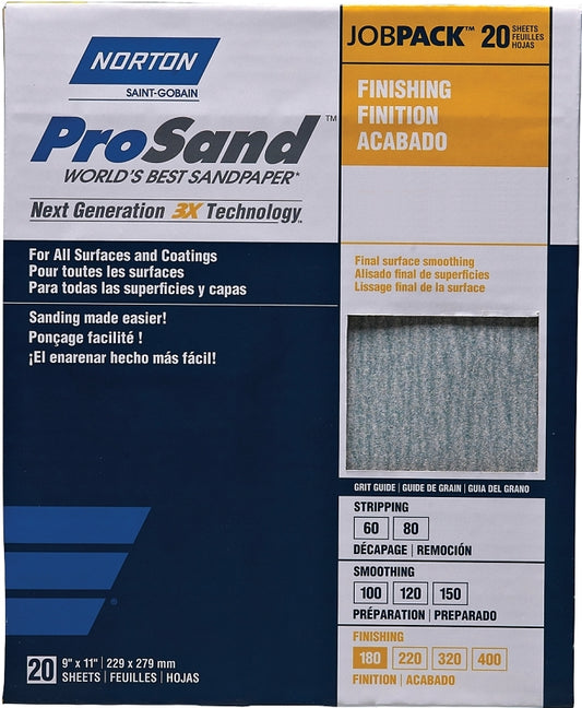 Norton ProSand Series 07660702623 Sandpaper, 9 in W, 11 in L, P400 Grit, Super Fine, Aluminum Oxide Abrasive