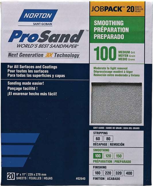 Norton ProSand 07660702629 Sanding Sheet, 11 in L, 9 in W, Medium, 100 Grit, Aluminum Oxide Abrasive, Paper Backing