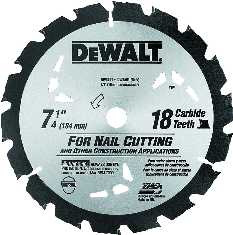 DeWALT DW3191 Saw Blade, 7-1/4 in Dia, 5/8 in Arbor, 18-Teeth, Carbide Cutting Edge