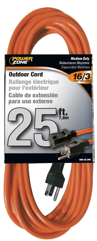 PowerZone OR501625 Extension Cord, 16 AWG Cable, 5-15P Grounded Plug, 5-15R Grounded Receptacle, 25 ft L, 125 V