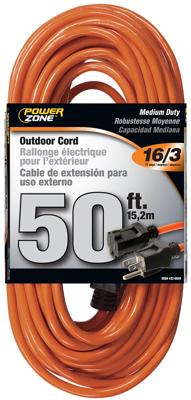 PowerZone OR501630 Extension Cord, 16 AWG Cable, 5-15P Grounded Plug, 5-15R Grounded Receptacle, 50 ft L, 125 V