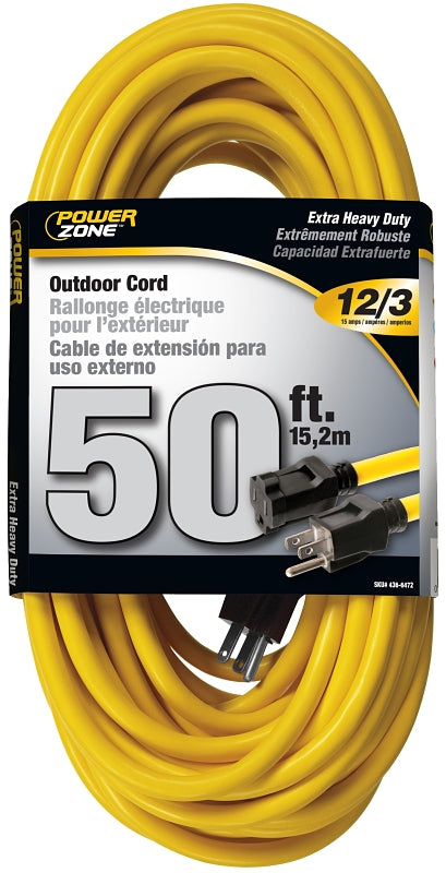 PowerZone OR500830 Extension Cord, 12 AWG Cable, 50 ft L, 125 V, Yellow