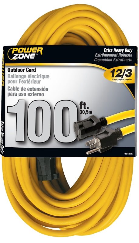 PowerZone OR500835 Extension Cord, 12 AWG Cable, 100 ft L, 125 V, Yellow