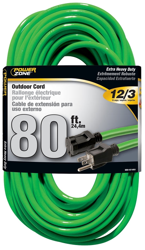 PowerZone Extension Cord, 12 AWG Cable, 80 ft L, 15 A, 125 V, Neon Green