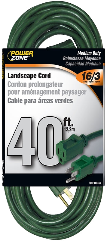 PowerZone OR880628 Extension Cord, 16 AWG Cable, 40 ft L, 125 V, Green