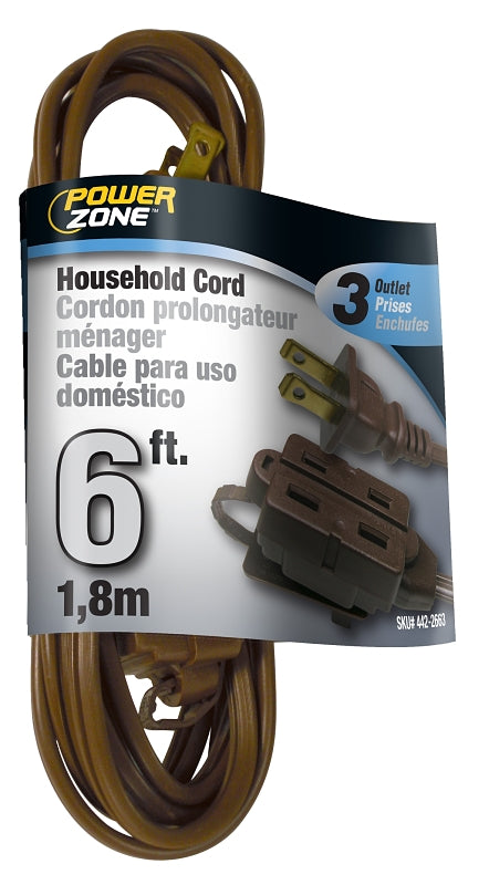 PowerZone OR670606 Extension Cord, 16 AWG Cable, 6 ft L, 125 V, Brown